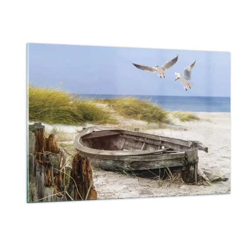 Cuadro sobre vidrio - Impresiones sobre Vidrio - Barco de madera en la playa con gaviotas en vuelo - 120x80cm - Bañada por el viento - Decoración de pared moderna para salón y dormitorio ARTTOR
