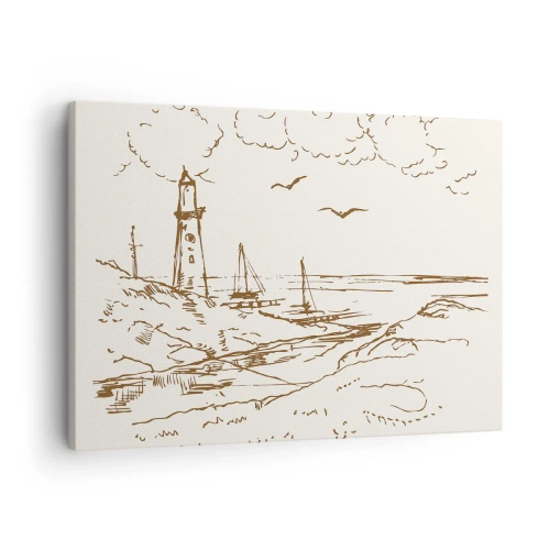 Cuadro sobre lienzo - Impresión de Imagen - Boceto de un faro con vistas al mar - 70x50cm - Un esbozo de un recuerdo de verano - Decoración de pared moderna para salón y dormitorio ARTTOR