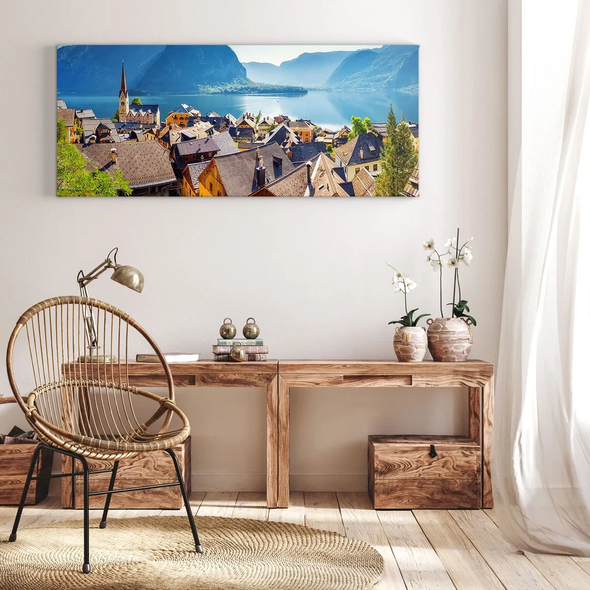 Cuadro sobre lienzo - Impresión de Imagen - Un pintoresco pueblo junto a un lago rodeado de montañas en un día soleado. - 120x50cm - No podría ser más pintoresco - Decoración de pared moderna para salón y dormitorio ARTTOR