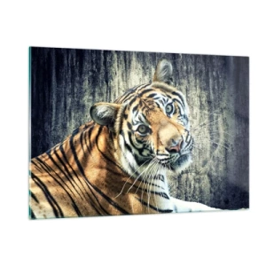 Cuadro sobre vidrio - Impresiones sobre Vidrio - Un tigre en pose natural frente a una pared sin pulir - 120x80cm - Retrato en corrientes de luz - Decoración de pared moderna para salón y dormitorio ARTTOR
