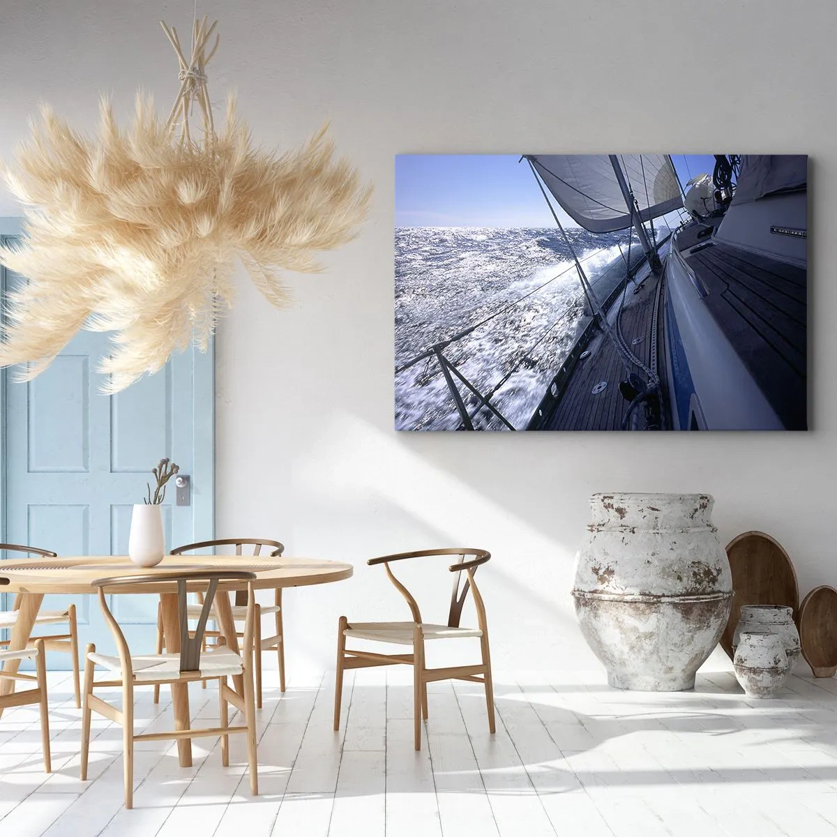 Cuadro sobre lienzo - Impresión de Imagen - Un velero en un mar tempestuoso con velas blancas y una cubierta de madera. - 70x50cm - Sé lo que es ser un pájaro - Decoración de pared moderna para salón y dormitorio ARTTOR
