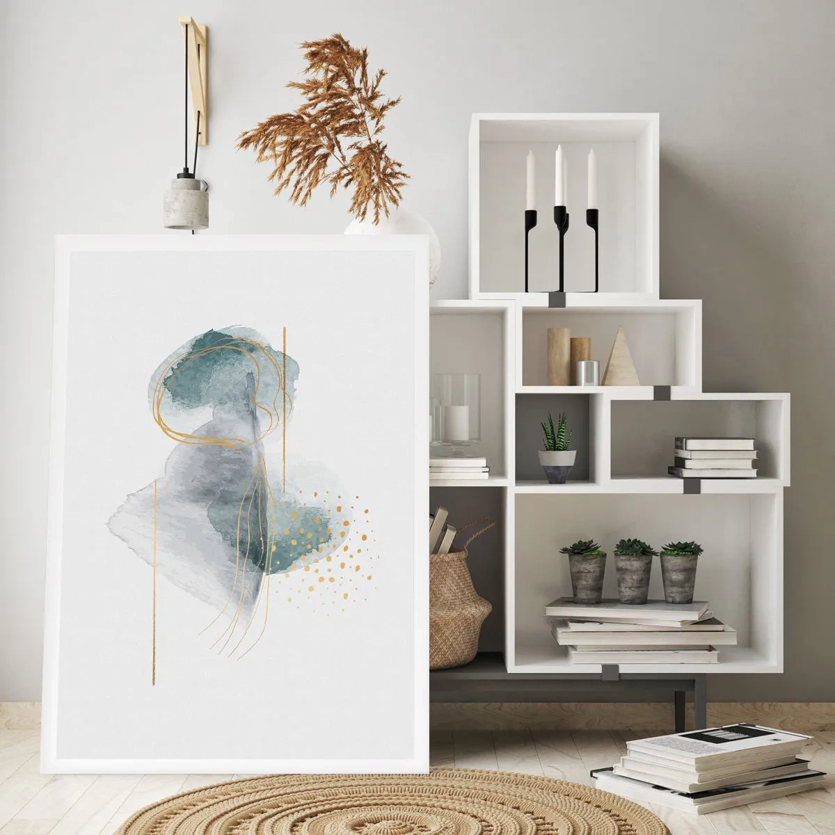 Póster - Una composición abstracta con salpicaduras de acuarela y acentos dorados. - 50x70cm - Sobre la relación entre el gris y el oro - Decoración de pared moderna para salón y dormitorio ARTTOR