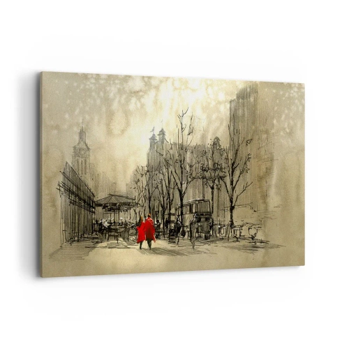 Cuadro sobre lienzo - Impresión de Imagen - Una figura roja en un entorno urbano nostálgico - 120x80cm - Cita en la niebla de Londres  - Decoración de pared moderna para salón y dormitorio ARTTOR