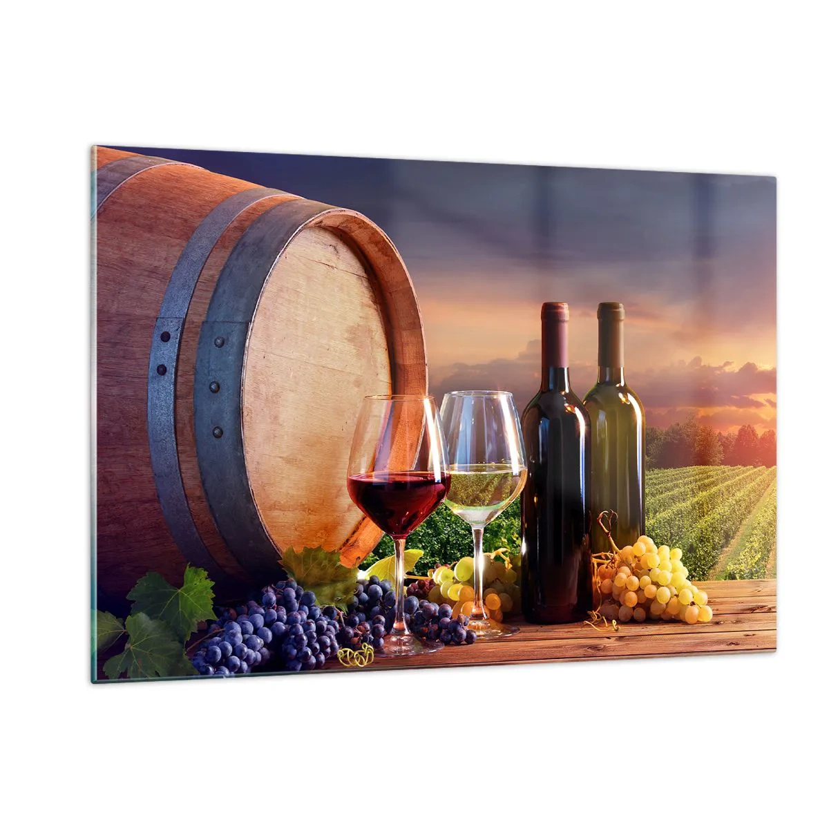 Cuadro sobre vidrio - Impresiones sobre Vidrio - Vides, un barril y copas con el sol poniente como telón de fondo - 120x80cm - Aquí la vida tiene un sabor - Decoración de pared moderna para salón y dormitorio ARTTOR
