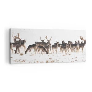 Cuadro sobre lienzo - Impresión de Imagen - Una manada de ciervos sobre un fondo nevado. - 120x50cm - ¿Se acerca la Navidad? - Decoración de pared moderna para salón y dormitorio ARTTOR