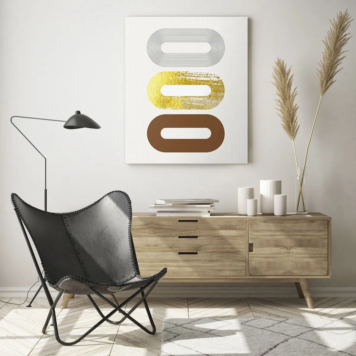 Cuadro sobre vidrio - Impresiones sobre Vidrio - Gráficos geométricos modernos en oro y bronce. - 50x70cm - ¡Ooo! - Decoración de pared moderna para salón y dormitorio ARTTOR