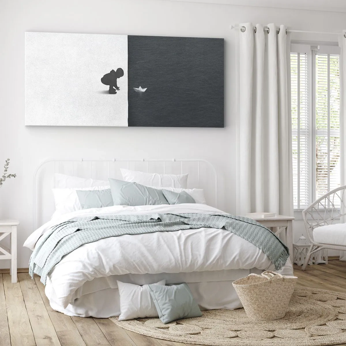 Cuadro sobre lienzo - Impresión de Imagen - Figura de un niño con un barquito de papel sobre un fondo de mitades contrastantes. - 120x50cm - Una gran expedición náutica - Decoración de pared moderna para salón y dormitorio ARTTOR