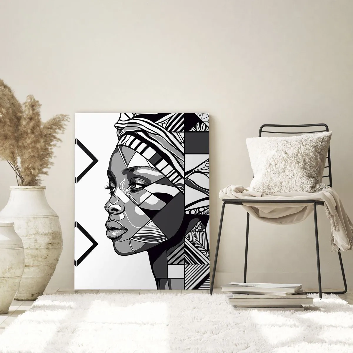 Cuadro sobre vidrio - Impresiones sobre Vidrio - Retrato étnico en blanco y negro de una mujer con patrones geométricos. - 50x70cm - Retrato étnico - Decoración de pared moderna para salón y dormitorio ARTTOR
