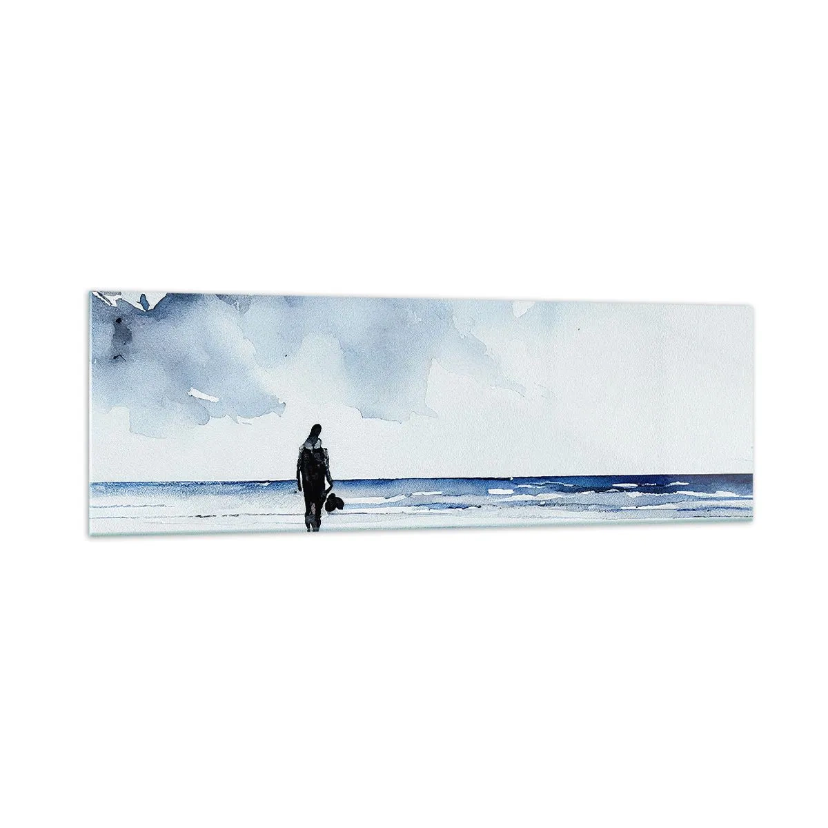 Cuadro sobre vidrio - Impresiones sobre Vidrio - Una figura en una playa en un entorno de mar tranquilo. - 160x50cm - Conversación con el mar - Decoración de pared moderna para salón y dormitorio ARTTOR