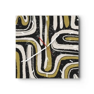 Reloj de pared - Reloj de vidrio - Patrón abstracto en negro, blanco y dorado. - 30x30cm - Composición: tramos y callejones - Decoración de pared moderna para salón y dormitorio ARTTOR