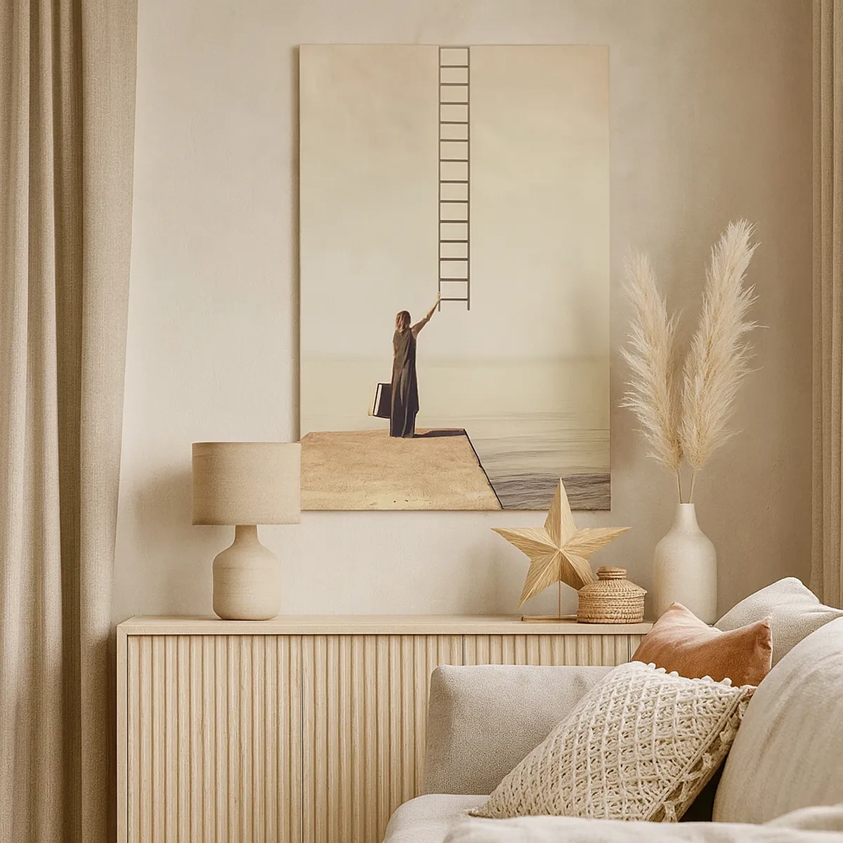 Cuadro sobre lienzo - Impresión de Imagen - Una mujer parada en un muelle con una escalera que conduce al cielo. - 50x70cm - Un viaje mágico - Decoración de pared moderna para salón y dormitorio ARTTOR