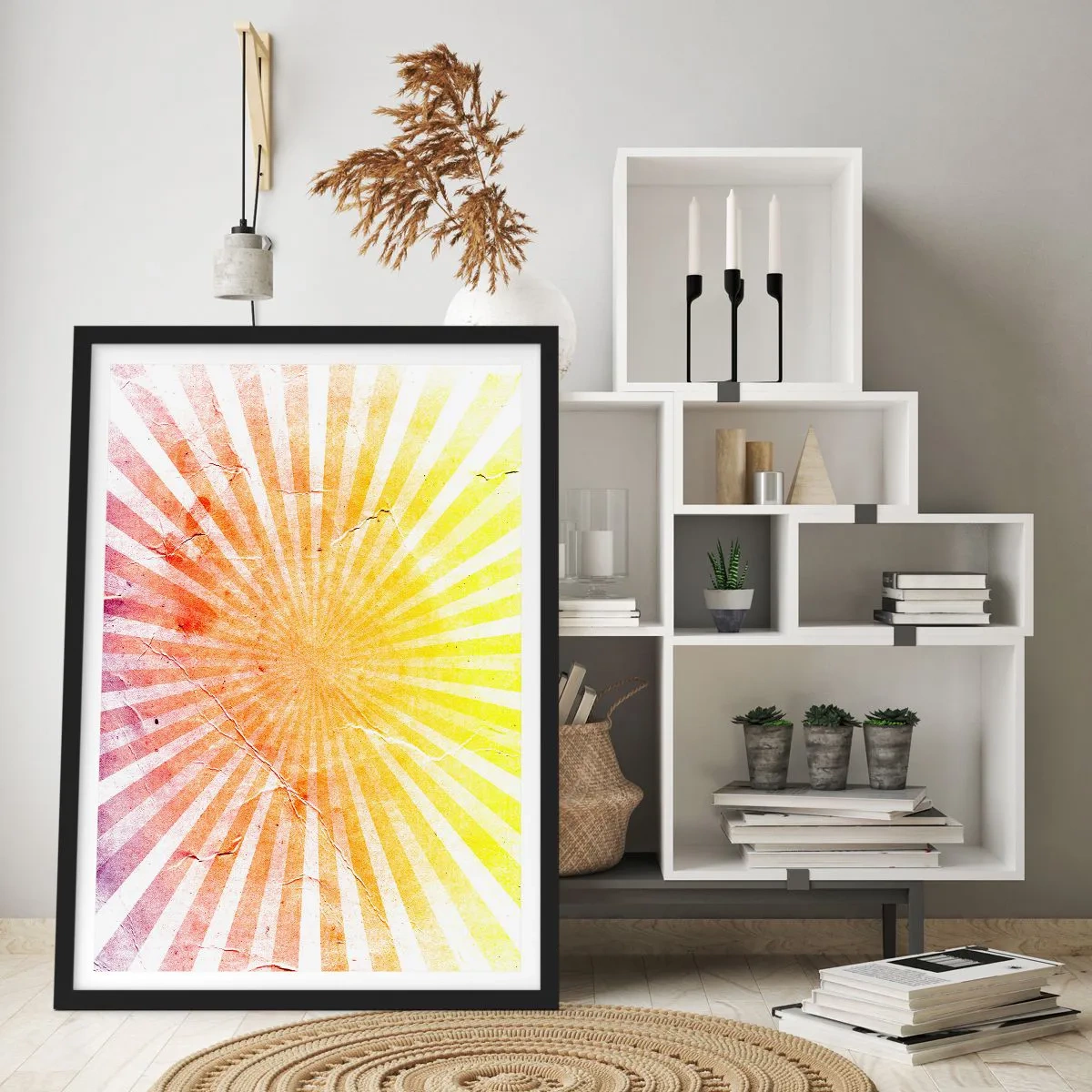 Póster en marco negro - Patrón abstracto de rayos en tonos amarillos y rojos. - 50x70cm - Renacer del sol - Decoración de pared moderna para salón y dormitorio ARTTOR
