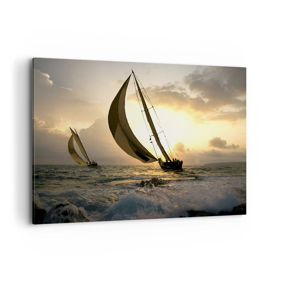 Cuadro sobre lienzo - Impresión de Imagen - Veleros en el mar durante la puesta de sol - 100x70cm - En contra y a favor del viento - Decoración de pared moderna para salón y dormitorio ARTTOR