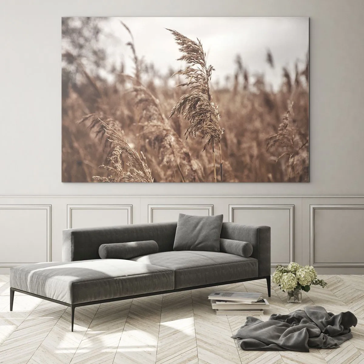 Cuadro sobre vidrio - Impresiones sobre Vidrio - Hierbas secas al viento bajo la luz otoñal de la naturaleza. - 100x70cm - El otoño ya está en los campos - Decoración de pared moderna para salón y dormitorio ARTTOR