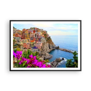 Póster en marco negro - Casas coloridas en un acantilado con vistas al mar en un paisaje pintoresco - 100x70cm - La ciudad de la risa - Decoración de pared moderna para salón y dormitorio ARTTOR