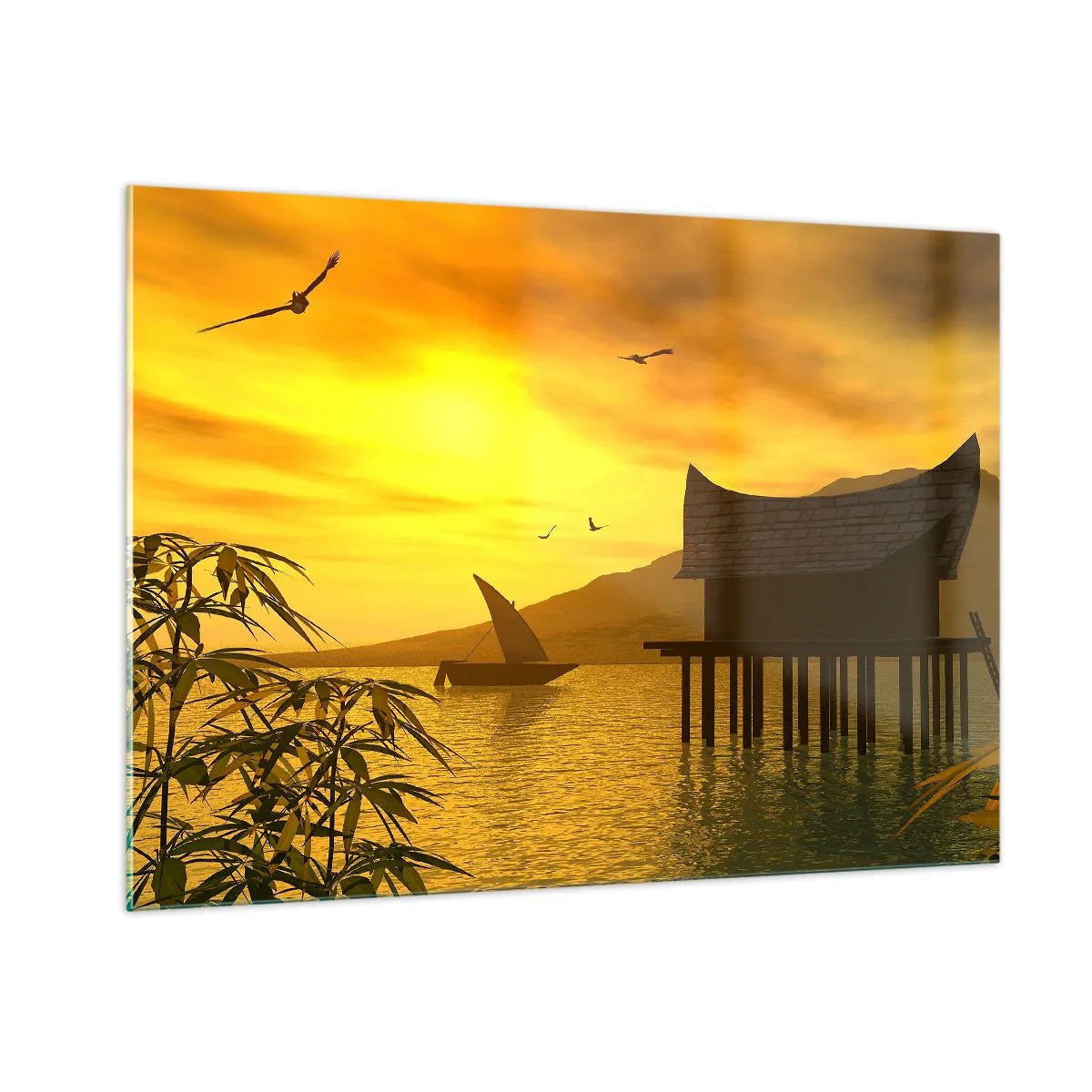 Cuadro sobre vidrio - Impresiones sobre Vidrio - Puesta de sol sobre el lago con una casa sobre pilotes - 100x70cm - La ansiada paz - Decoración de pared moderna para salón y dormitorio ARTTOR