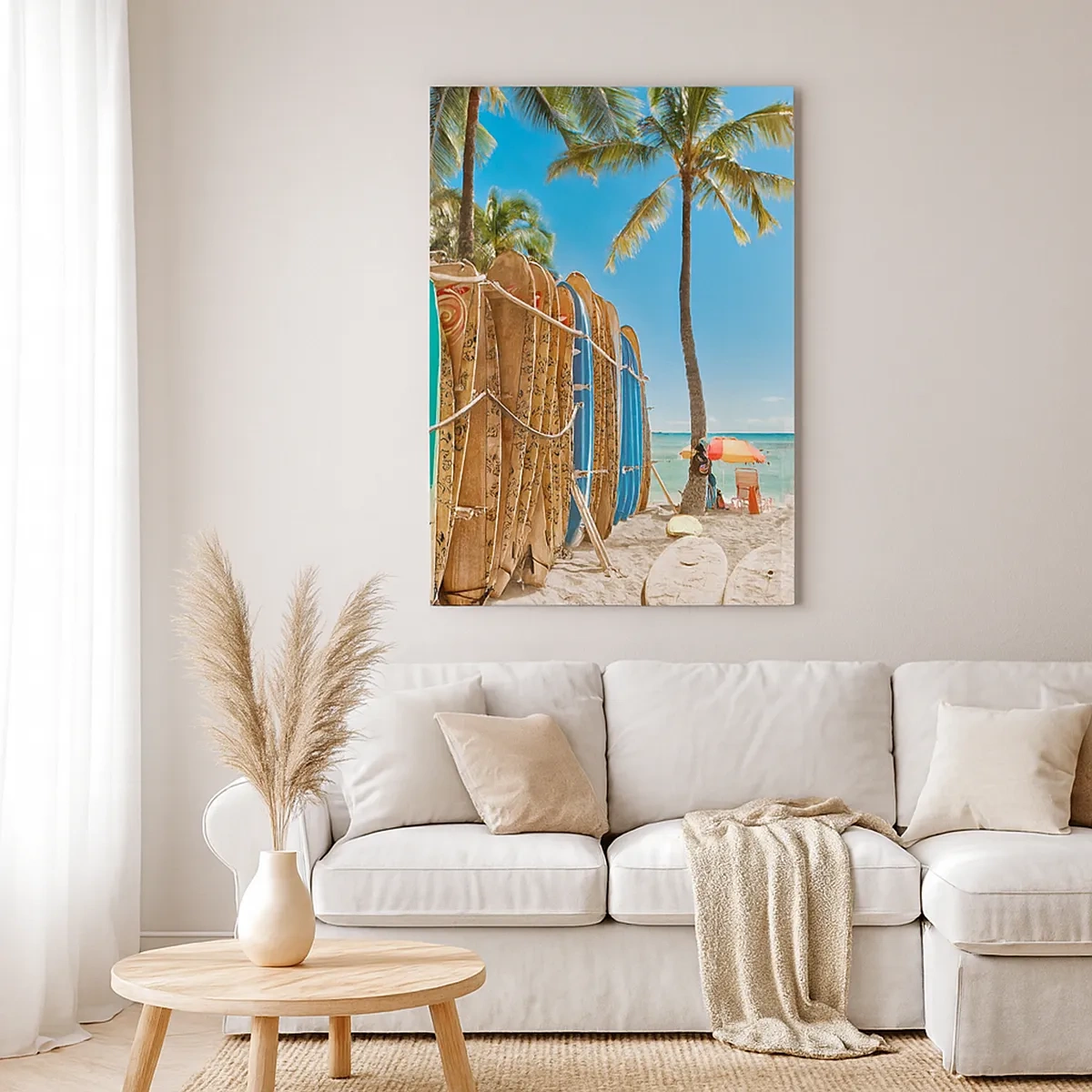 Cuadro sobre lienzo - Impresión de Imagen - Tablas de surf en una playa con palmeras - 50x70cm - Diversión soleada - Decoración de pared moderna para salón y dormitorio ARTTOR
