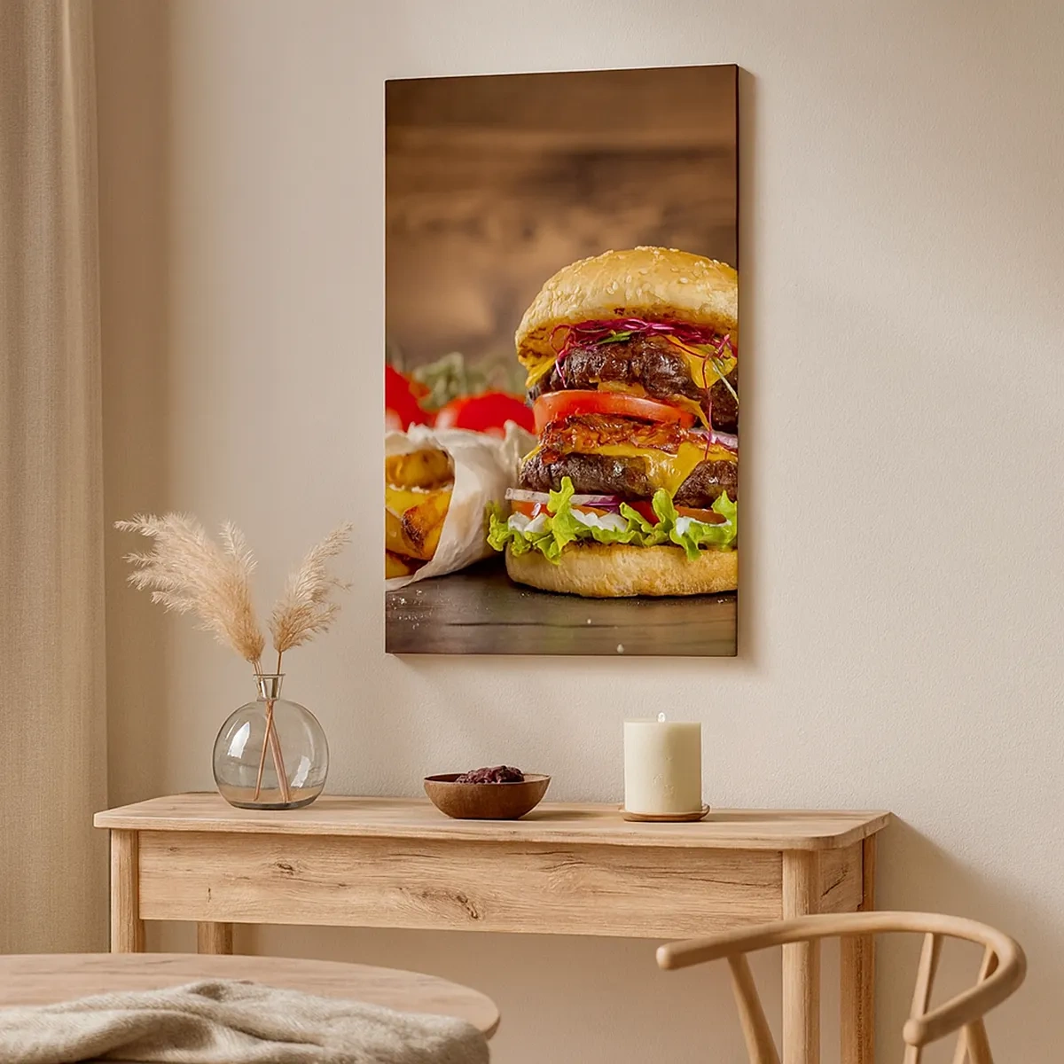 Cuadro sobre lienzo - Impresión de Imagen - Apetitosa hamburguesa con extras - 50x70cm - Fruta prohibida - Decoración de pared moderna para salón y dormitorio ARTTOR