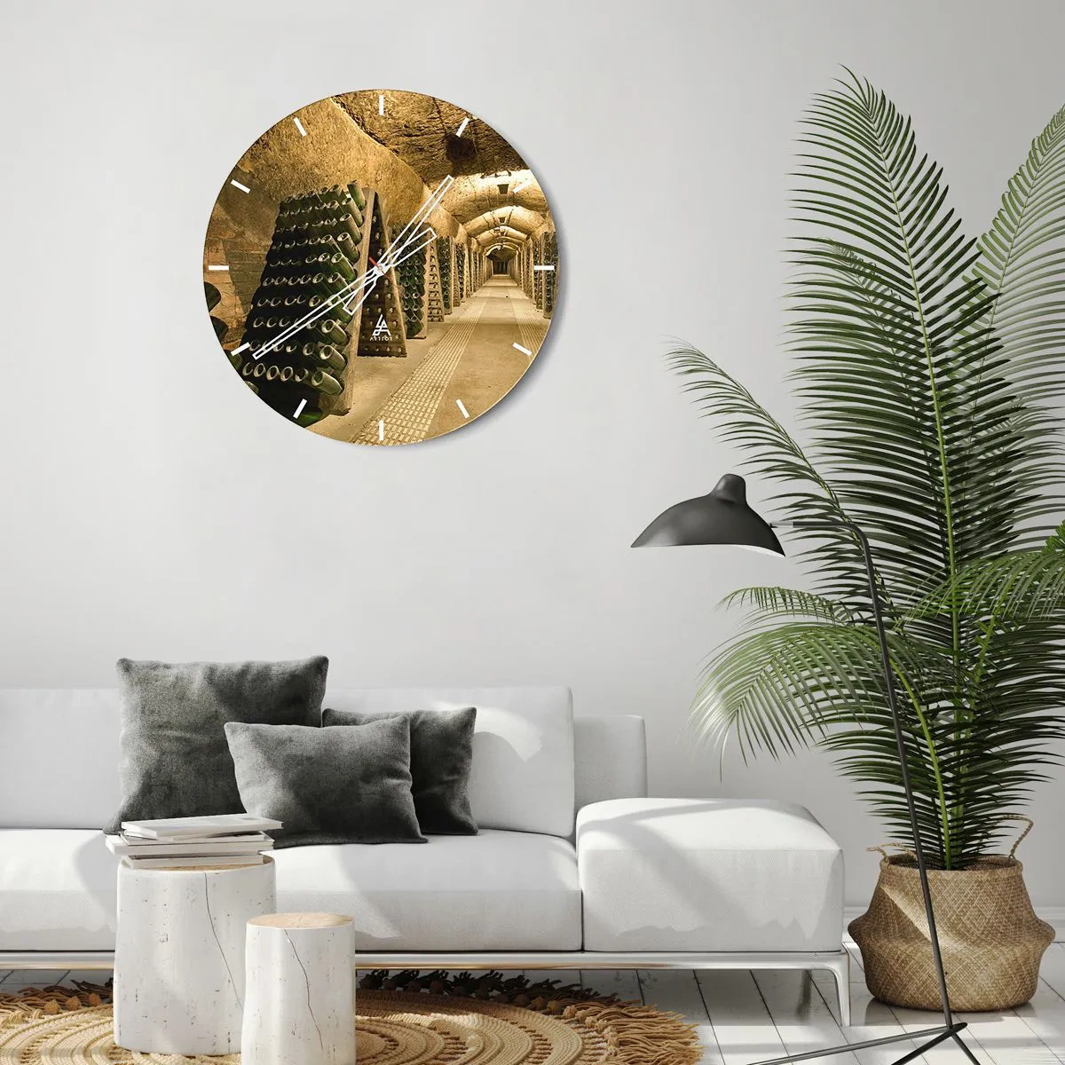 Reloj de pared - Reloj de vidrio - Una bodega y filas de botellas en estantes. - 30x30cm - El nacimiento del gusto - Decoración de pared moderna para salón, cocina y dormitorio ARTTOR