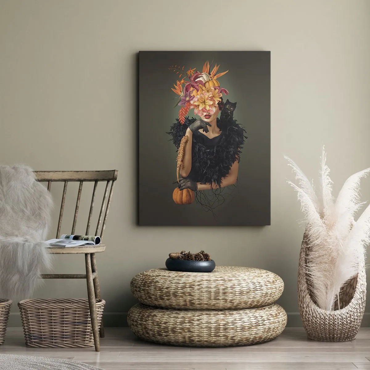 Cuadro sobre lienzo - Impresión de Imagen - Retrato de una mujer con motivos otoñales y un gato. - 50x70cm - Hechizo de bruja - Decoración de pared moderna para salón y dormitorio ARTTOR