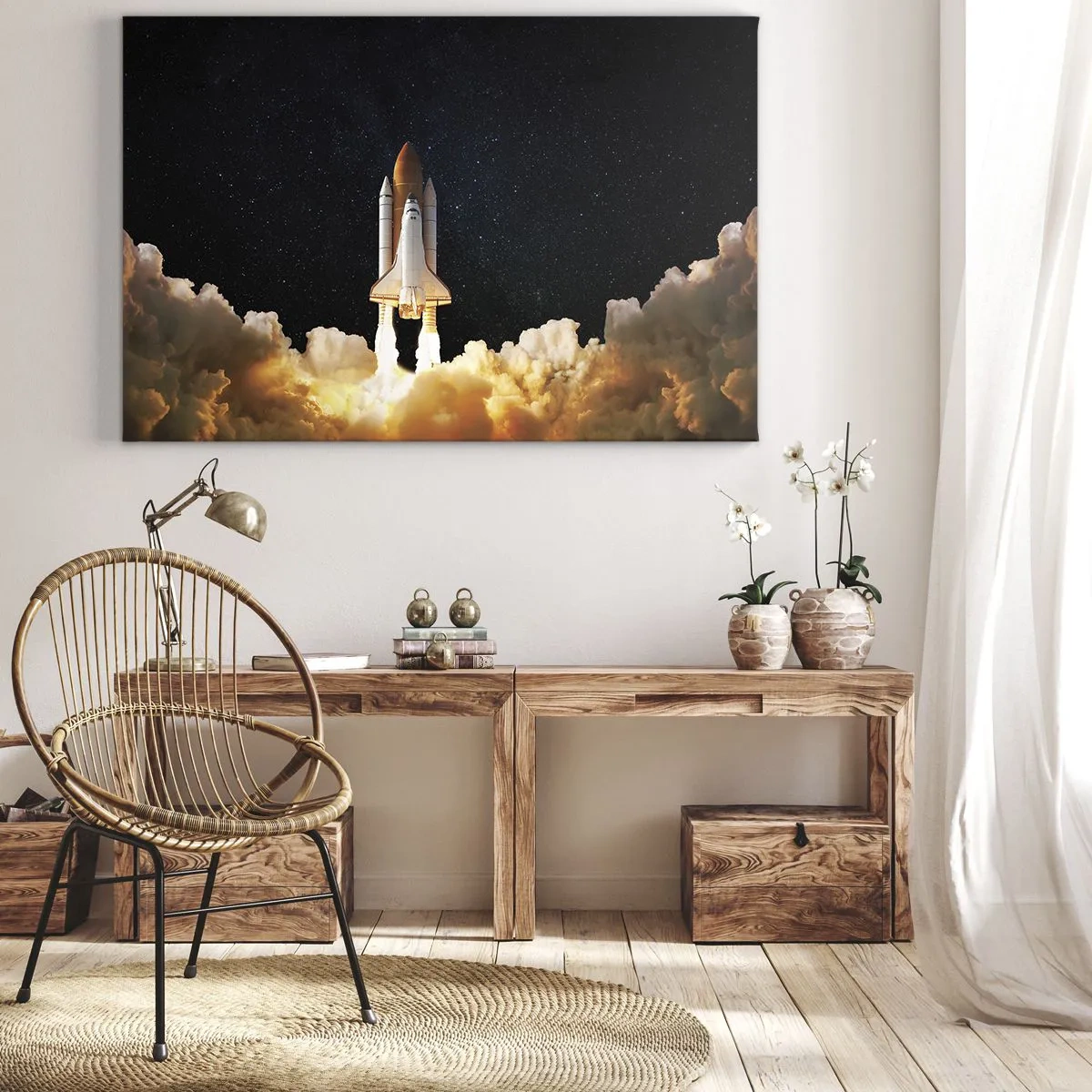 Cuadro sobre lienzo - Impresión de Imagen - Un cohete espacial despegando contra el cielo estrellado. - 120x80cm - ¡Ad astra! - Decoración de pared moderna para salón y dormitorio ARTTOR