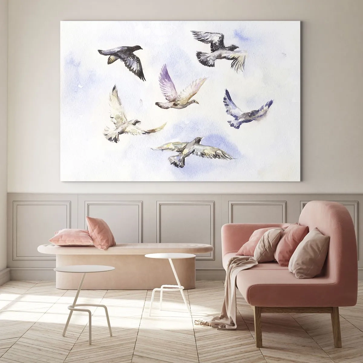 Cuadro sobre vidrio - Impresiones sobre Vidrio - Pájaros en vuelo contra un cielo despejado - 70x50cm - Libertad en gris y azul - Decoración de pared moderna para salón y dormitorio ARTTOR