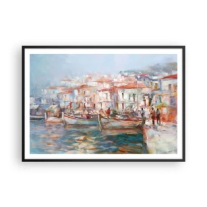 Póster en marco negro - Impresión portuaria con barcos y edificios - 100x70cm - Vacaciones en colores pastel - Decoración de pared moderna para salón y dormitorio ARTTOR