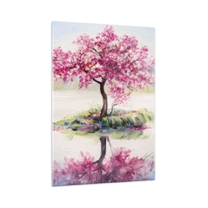 Cuadro sobre vidrio - Impresiones sobre Vidrio - Un árbol rosa en una isla reflejado en el agua tranquila. - 50x70cm - Una celebración de la primavera - Decoración de pared moderna para salón y dormitorio ARTTOR