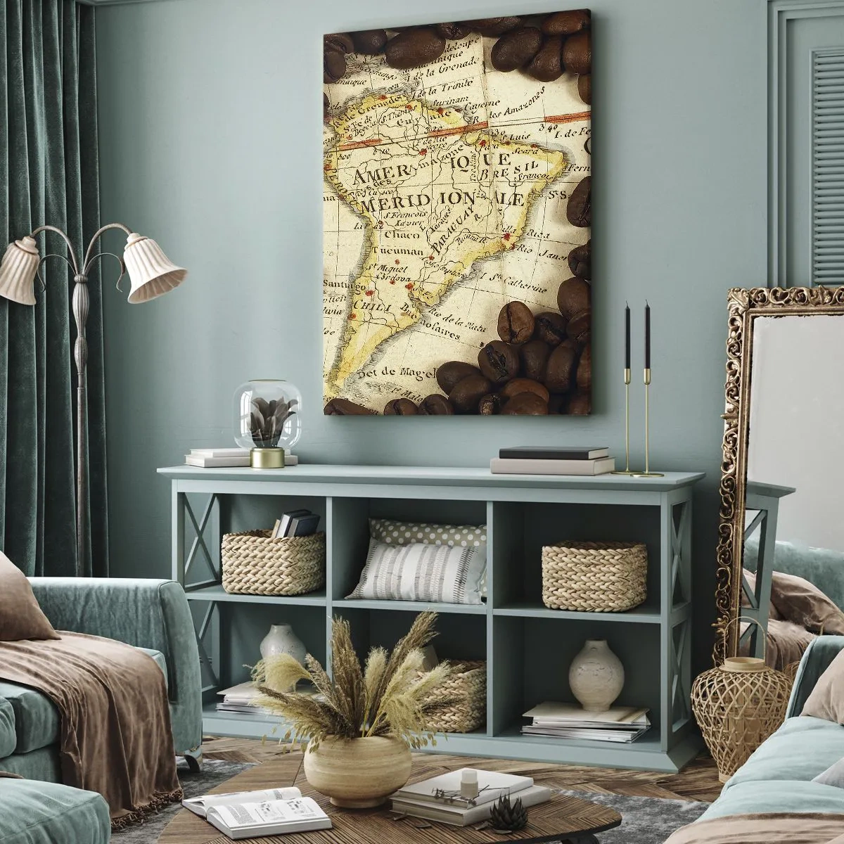 Cuadro sobre lienzo - Impresión de Imagen - Un mapa de Sudamérica rodeado de granos de café. - 70x100cm - ¿De dónde viene el mejor café? - Decoración de pared moderna para salón y dormitorio ARTTOR