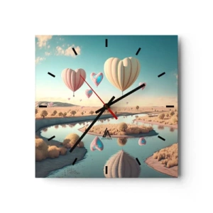 Reloj de pared - Reloj de vidrio - Globos en forma de corazón flotando sobre el paisaje. - 30x30cm - El amor te hace volar - Decoración de pared moderna para salón y dormitorio ARTTOR