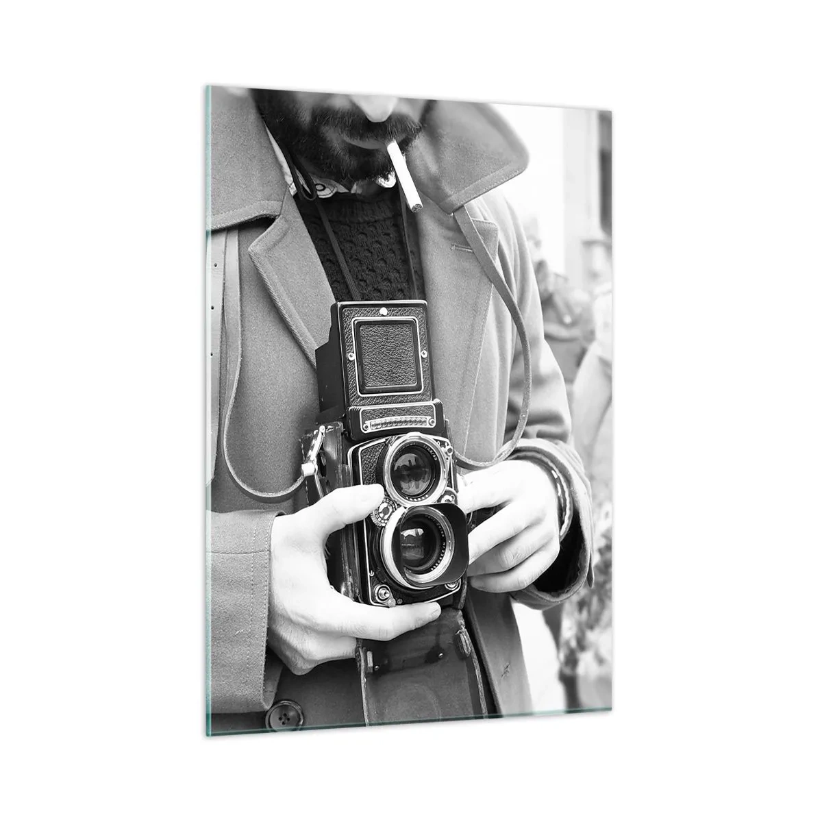 Cuadro sobre vidrio - Impresiones sobre Vidrio - Fotografía en blanco y negro de un hombre con una cámara analógica. - 50x70cm - En estilo retro - Decoración de pared moderna para salón y dormitorio ARTTOR