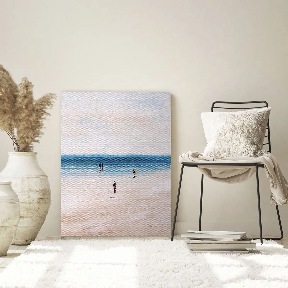 Cuadro sobre vidrio - Impresiones sobre Vidrio - Una playa con gente con el mar en calma como telón de fondo. - 70x100cm - Necesidad natural - Decoración de pared moderna para salón y dormitorio ARTTOR