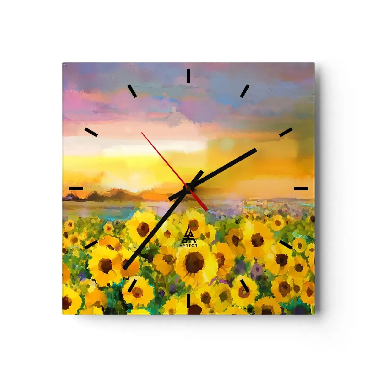 Reloj de pared - Reloj de vidrio - Un campo de girasoles a la luz del sol poniente. - 30x30cm - El propio sol ha bajado a la Tierra - Decoración de pared moderna para salón y dormitorio ARTTOR