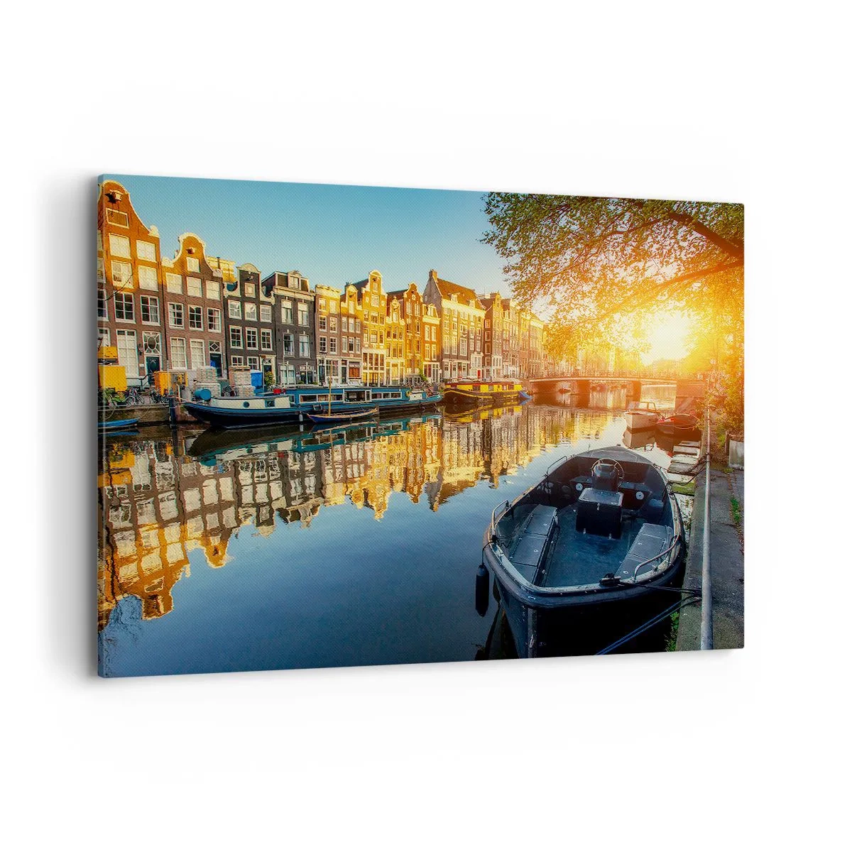 Cuadro sobre lienzo - Impresión de Imagen - Canal de Ámsterdam al atardecer - 100x70cm - Mañana en Ámsterdam - Decoración de pared moderna para salón y dormitorio ARTTOR