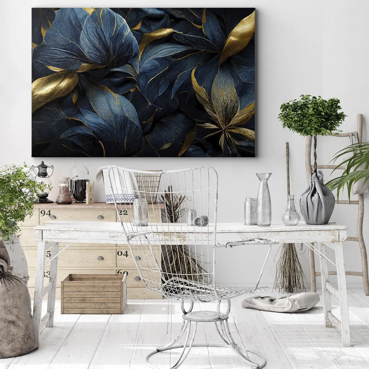 Cuadro sobre lienzo - Impresión de Imagen - Hojas elegantes en tonos dorados y azul marino. - 70x50cm - Forradas de oro - Decoración de pared moderna para salón y dormitorio ARTTOR