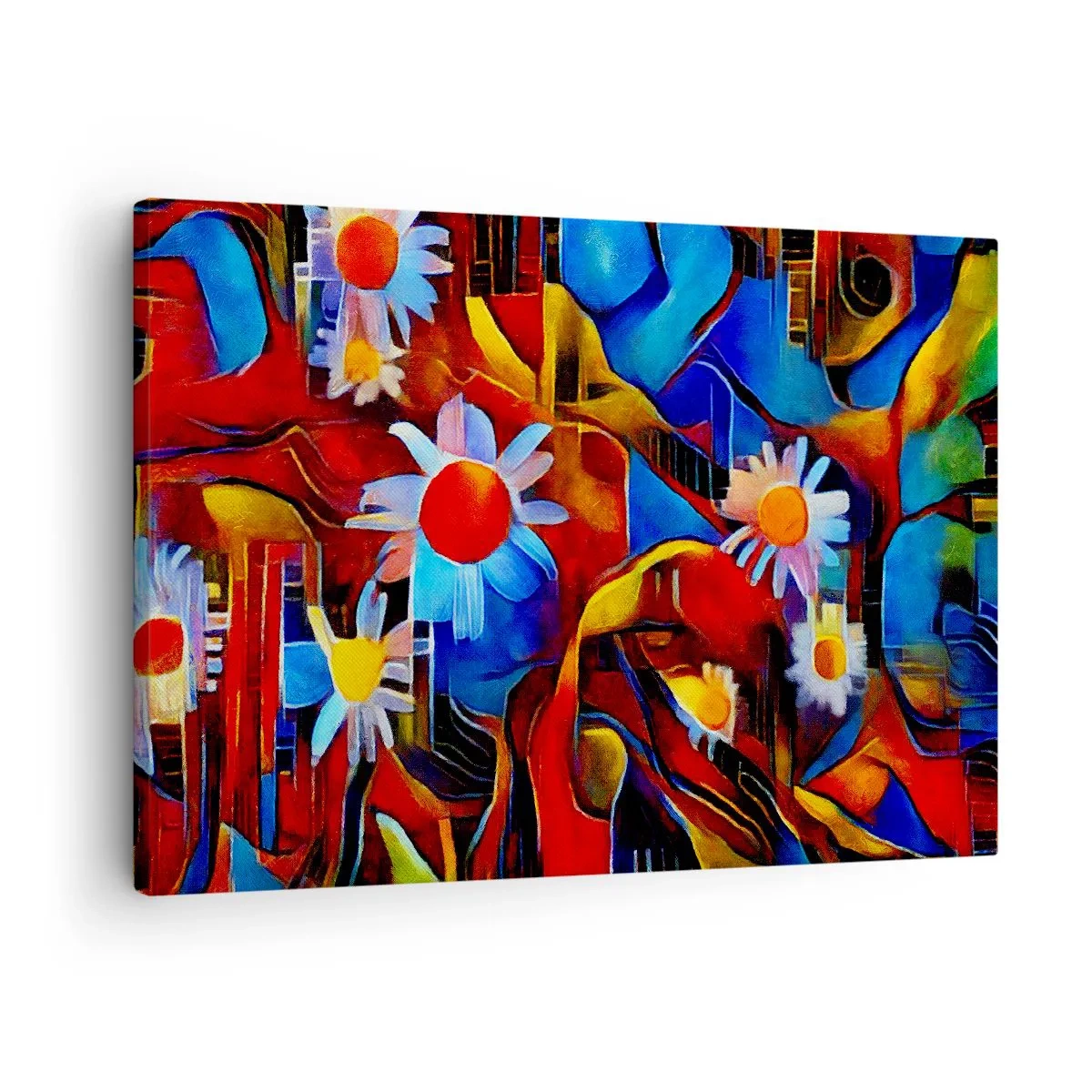 Cuadro sobre lienzo - Impresión de Imagen - Flores abstractas sobre un fondo de patrones geométricos. - 70x50cm - Colores de la vida - Decoración de pared moderna para salón y dormitorio ARTTOR