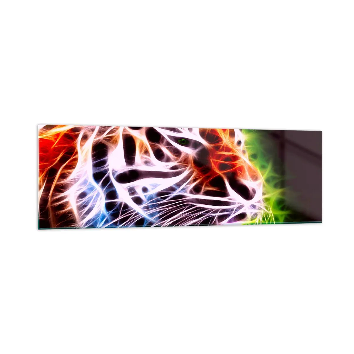 Cuadro sobre vidrio - Impresiones sobre Vidrio - Retrato artístico colorido de un tigre en estilo neón sobre fondo negro. - 160x50cm - Un aura amenazante - Decoración de pared moderna para salón y dormitorio ARTTOR