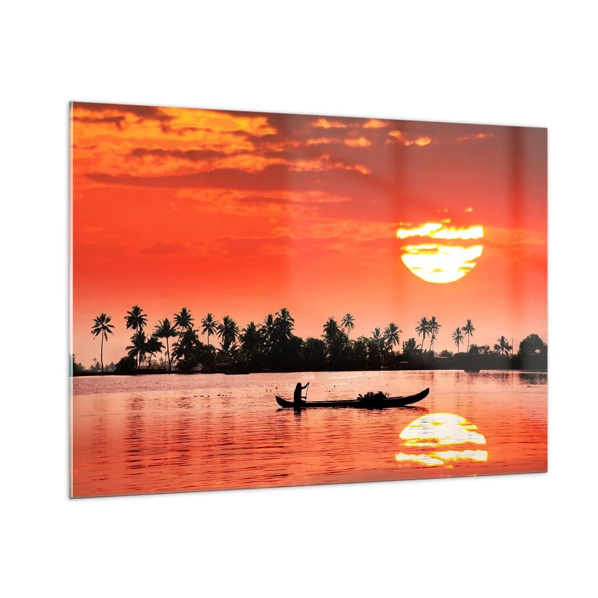 Cuadro sobre vidrio - Impresiones sobre Vidrio - Puesta de sol sobre el río con palmeras y un barco. - 100x70cm - La paz de los trópicos al atardecer - Decoración de pared moderna para salón y dormitorio ARTTOR