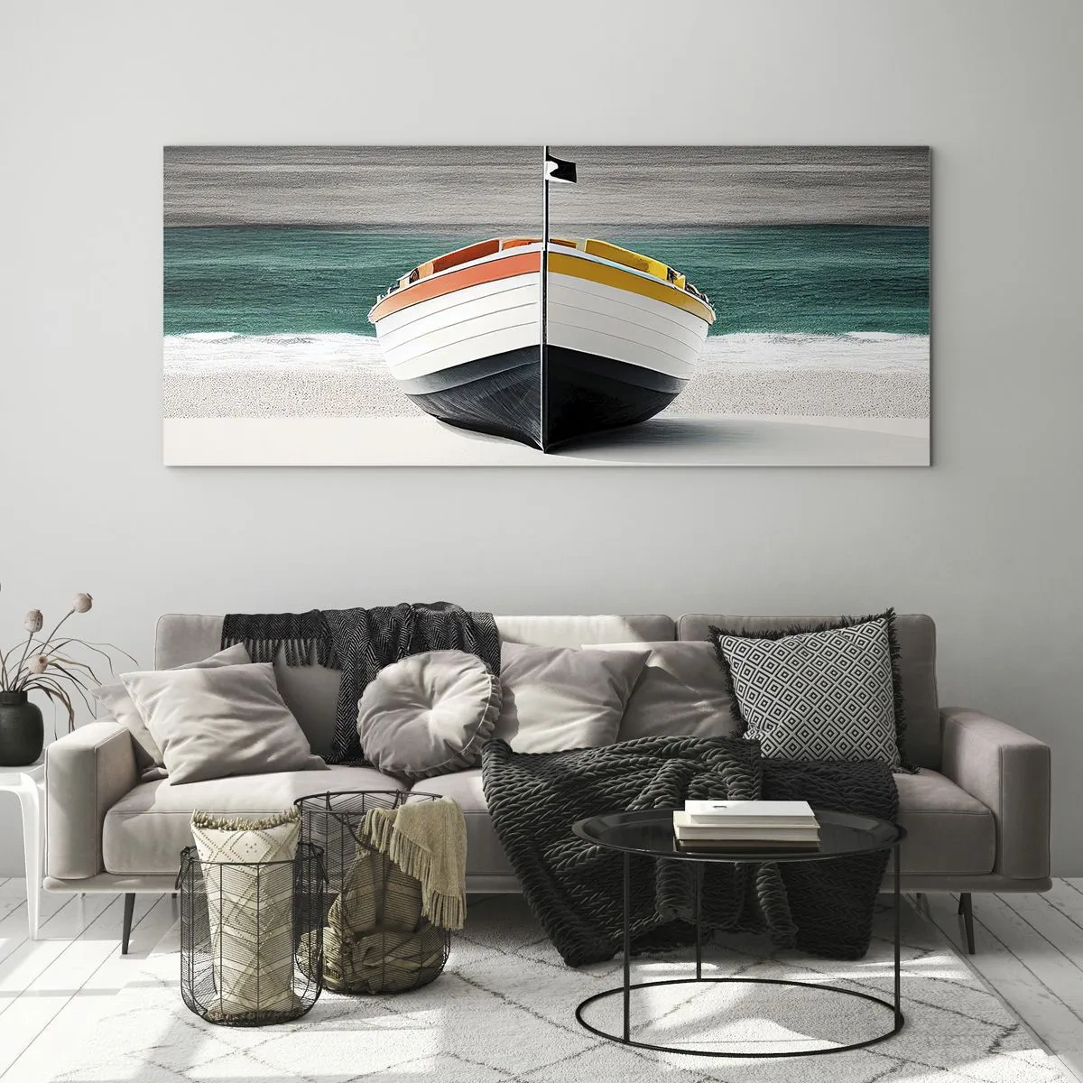 Cuadro sobre vidrio - Impresiones sobre Vidrio - Un barco en la playa con un mar turquesa al fondo. - 120x50cm - En su lugar exacto - Decoración de pared moderna para salón y dormitorio ARTTOR