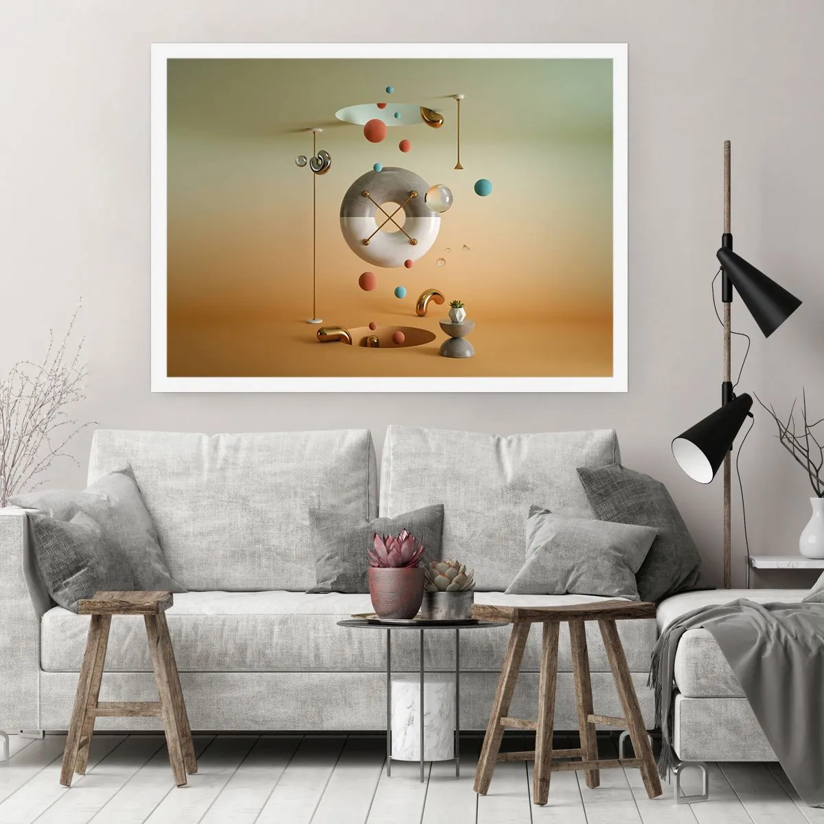 Póster - Figuras geométricas en colores pastel en una disposición surrealista. - 100x70cm - Todo puede suceder - Decoración de pared moderna para salón y dormitorio ARTTOR