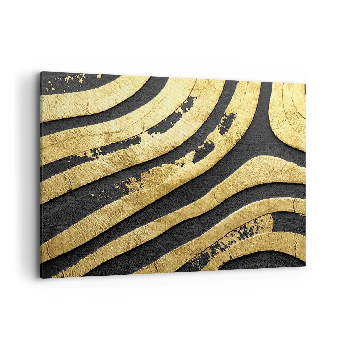 Cuadro sobre lienzo - Impresión de Imagen - Ondas abstractas doradas sobre un fondo negro - 120x80cm - Todo fluye - Decoración de pared moderna para salón y dormitorio ARTTOR