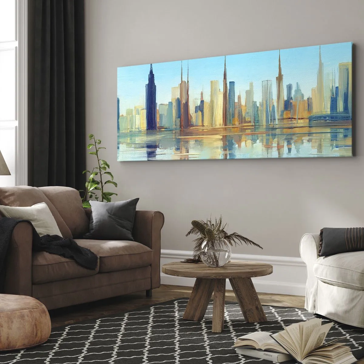 Cuadro sobre lienzo - Impresión de Imagen - Un panorama de la ciudad en colores cálidos con reflejo en el agua. - 120x50cm - Metrópolis soleada - Decoración de pared moderna para salón y dormitorio ARTTOR