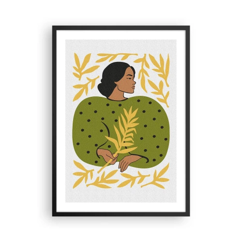 Póster en marco negro - Retrato de una mujer con un vestido verde con una hoja amarilla, con un patrón delicado. - 50x70cm - Chica hawaiana - Decoración de pared moderna para salón y dormitorio ARTTOR