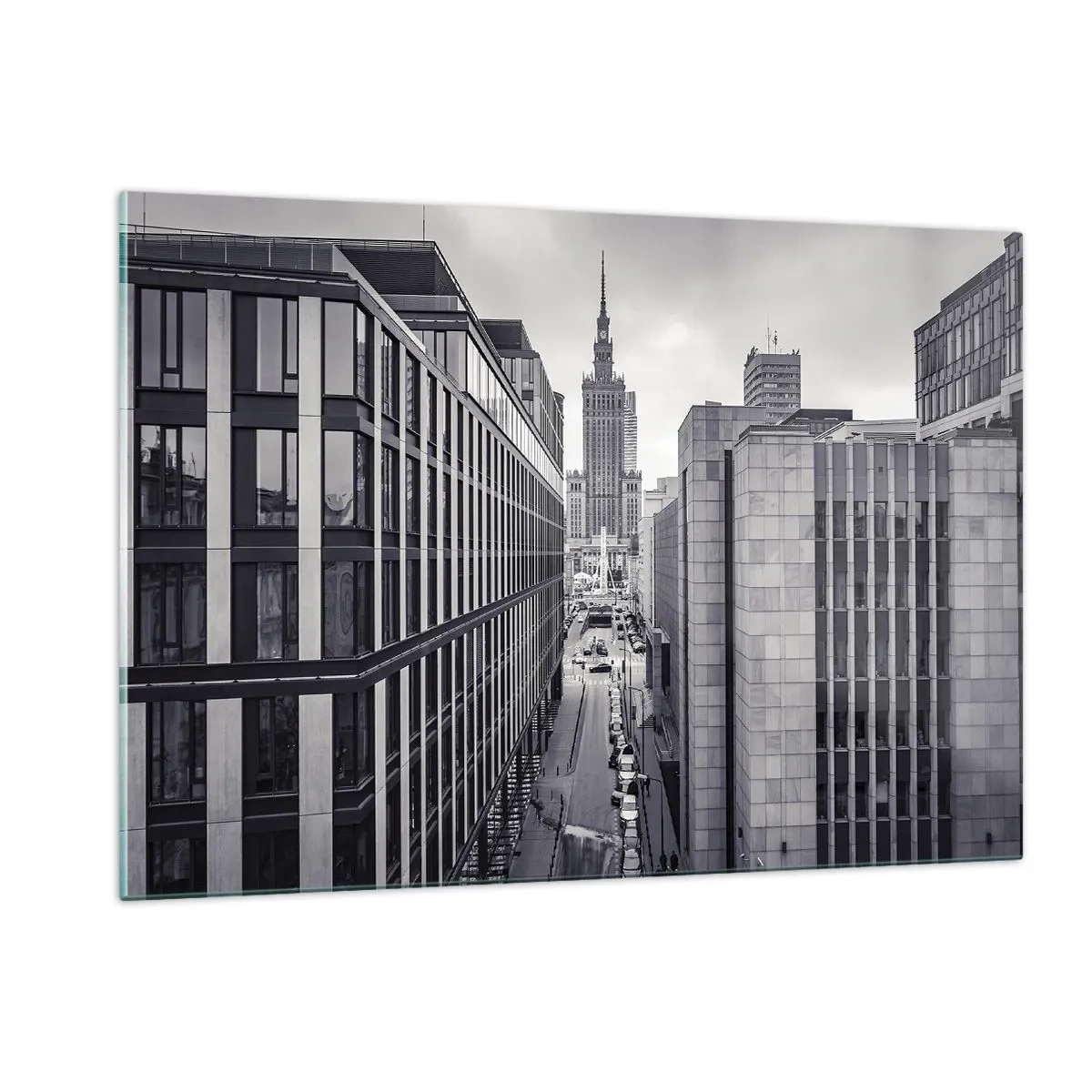 Cuadro sobre vidrio - Impresiones sobre Vidrio - Vista de la ciudad en blanco y negro con rascacielos y una calle. - 120x80cm - Valle de Varsovia - Decoración de pared moderna para salón y dormitorio ARTTOR