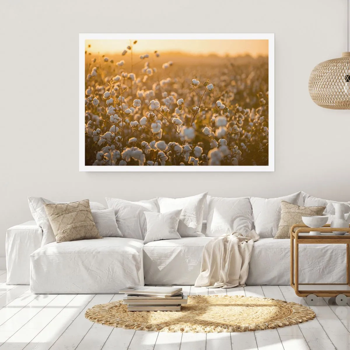 Póster - Un campo de algodón bajo la cálida luz del sol poniente. - 100x70cm - Un campo esponjoso - Decoración de pared moderna para salón y dormitorio ARTTOR