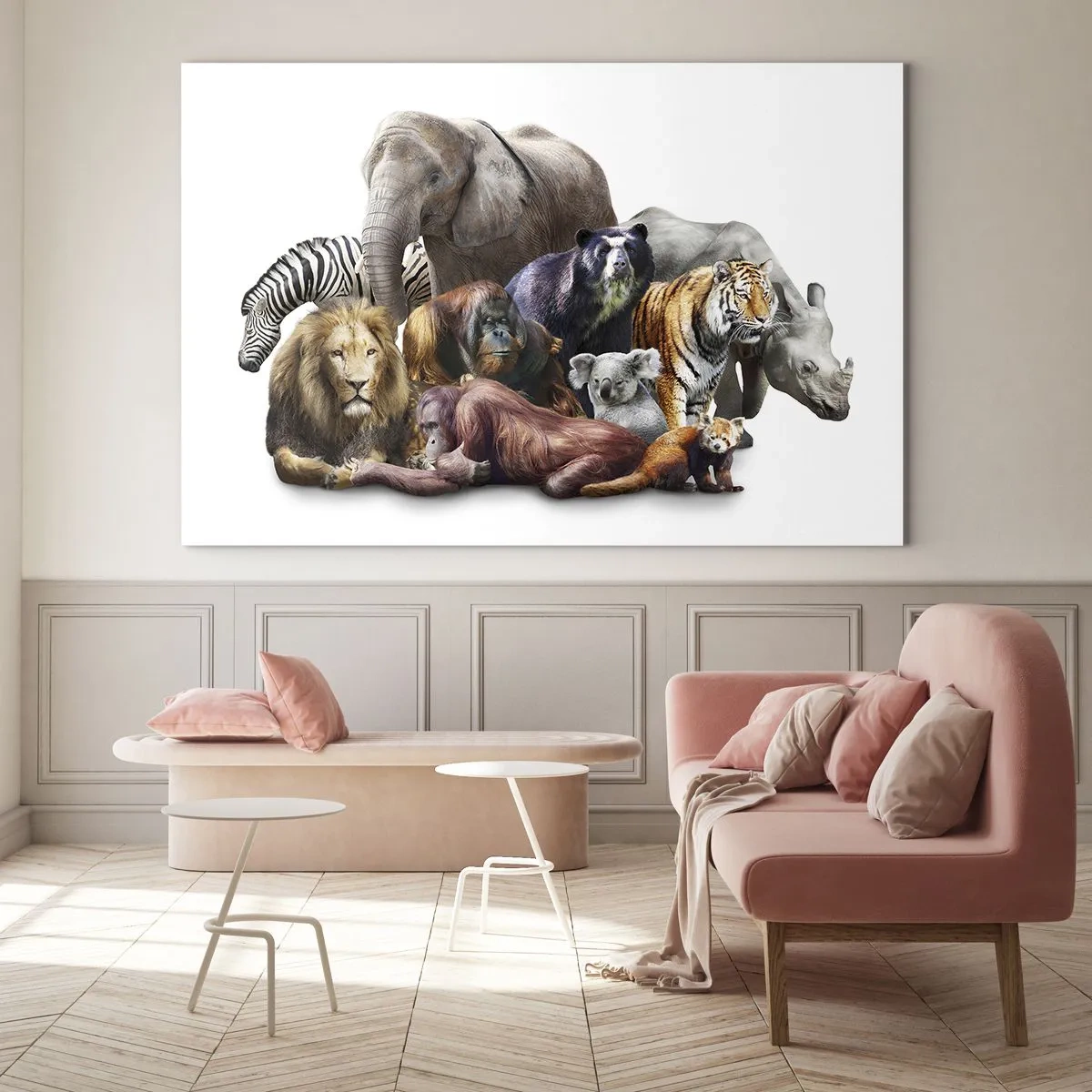 Cuadro sobre vidrio - Impresiones sobre Vidrio - Un grupo de animales salvajes sobre un fondo blanco en una toma artística. - 100x70cm - Una foto de familia africana - Decoración de pared moderna para salón y dormitorio ARTTOR