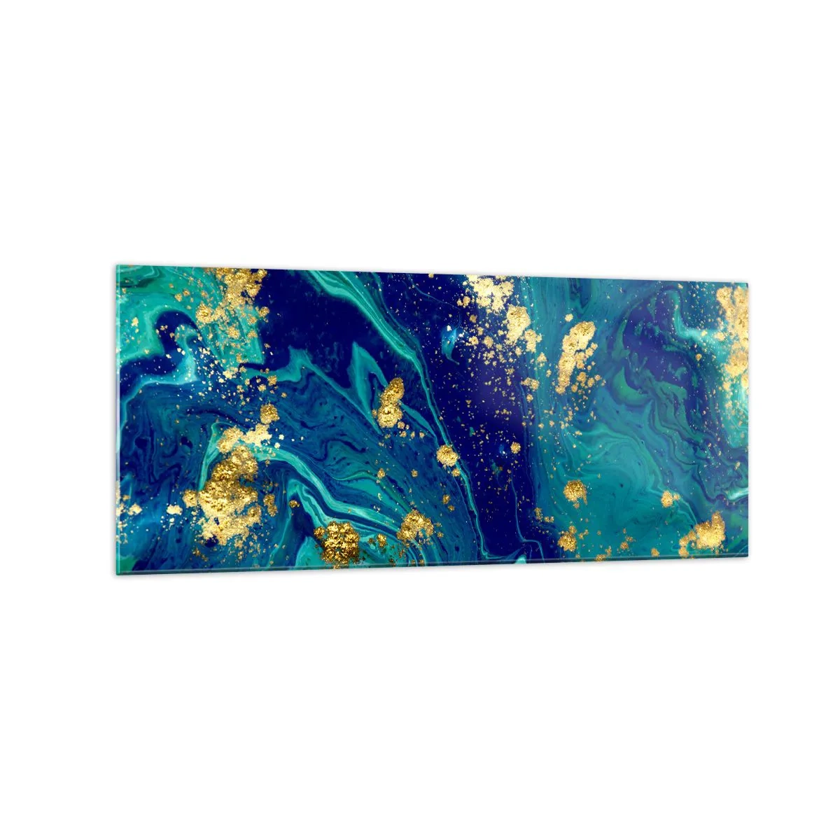 Cuadro sobre vidrio - Impresiones sobre Vidrio - Una composición abstracta con acentos azules, verdes y dorados. - 120x50cm - Pétalos de sol  - Decoración de pared moderna para salón y dormitorio ARTTOR