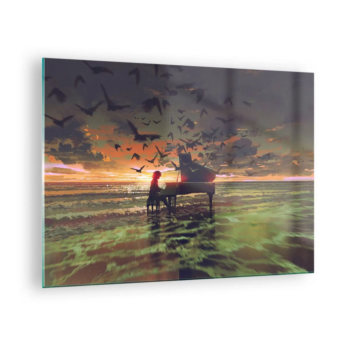 Cuadro sobre vidrio - Impresiones sobre Vidrio - Pianista tocando el piano en la playa al atardecer - 70x50cm - Concierto de piano y olas - Decoración de pared moderna para salón y dormitorio ARTTOR