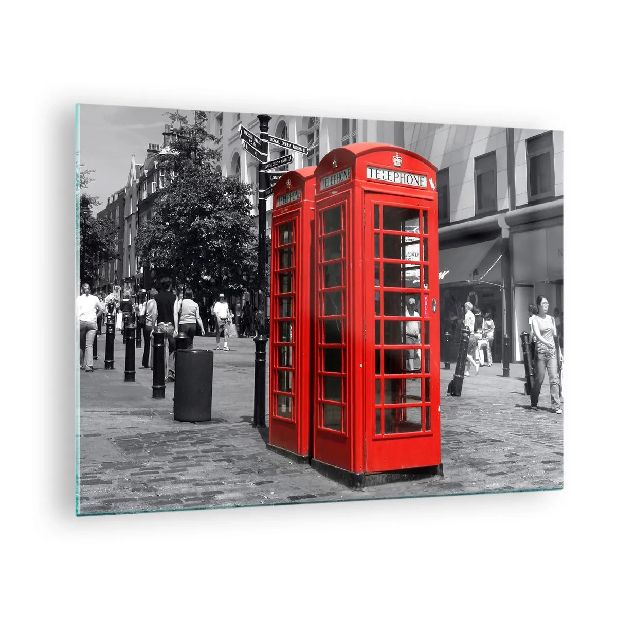 Cuadro sobre vidrio - Impresiones sobre Vidrio - Cabinas telefónicas rojas en una calle de Londres - 70x50cm - Cabinas telefónicas rojas - Decoración de pared moderna para salón y dormitorio ARTTOR