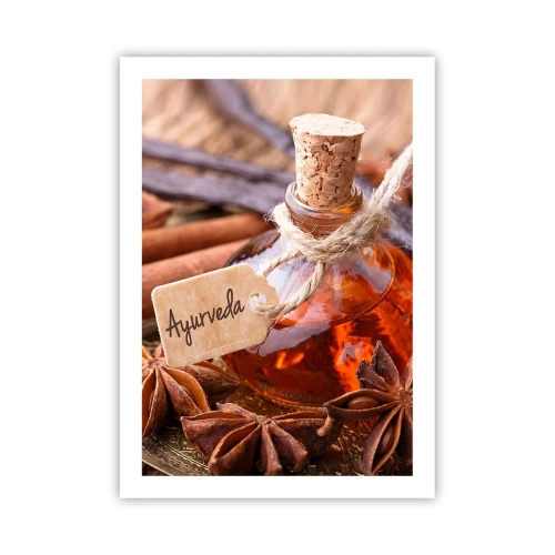 Póster - Una botella de aceite ayurvédico y especias. - 50x70cm - Hacia la unidad del cuerpo y el espíritu - Decoración de pared moderna para salón y dormitorio ARTTOR